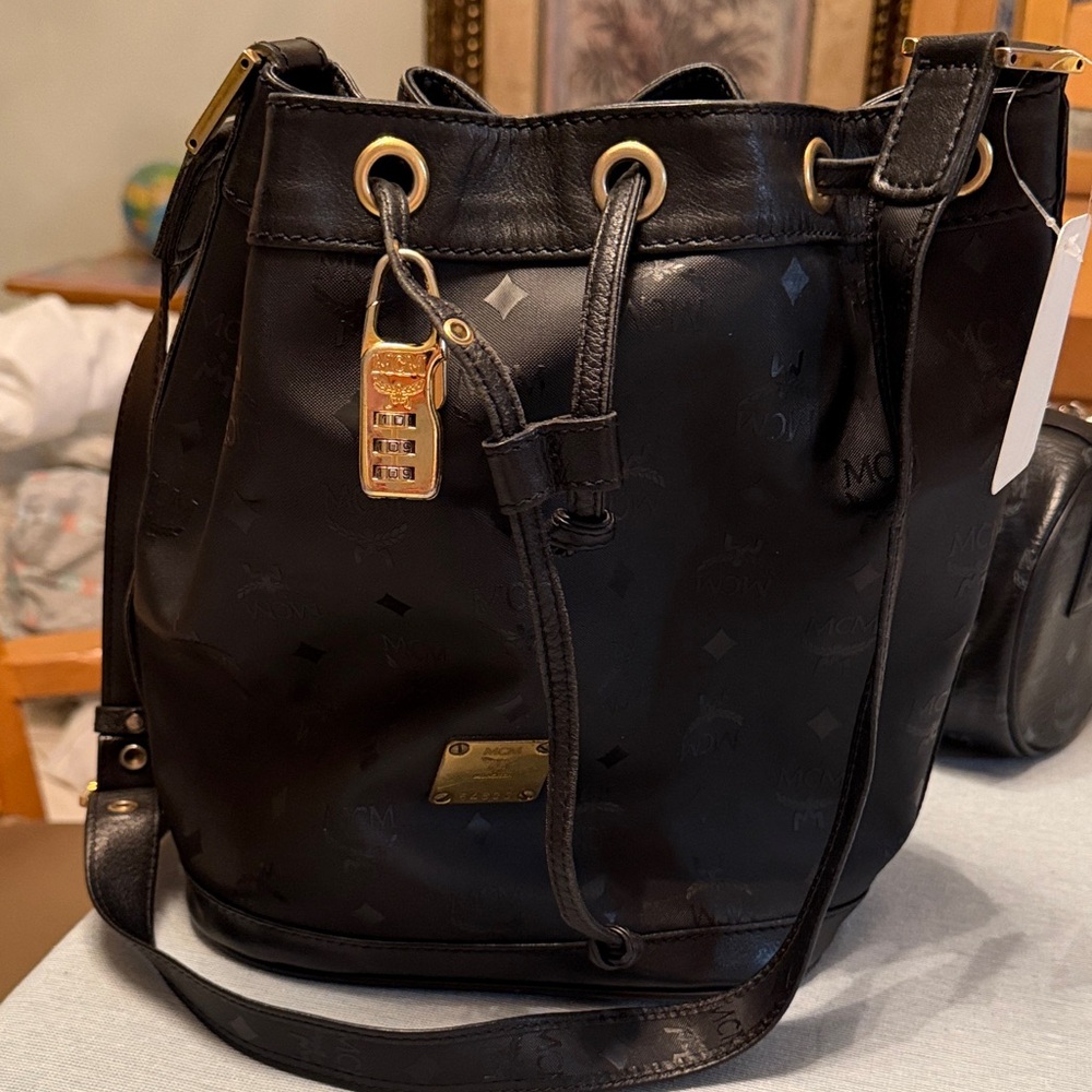 MCM Black Bucket Bag with Gold Details
